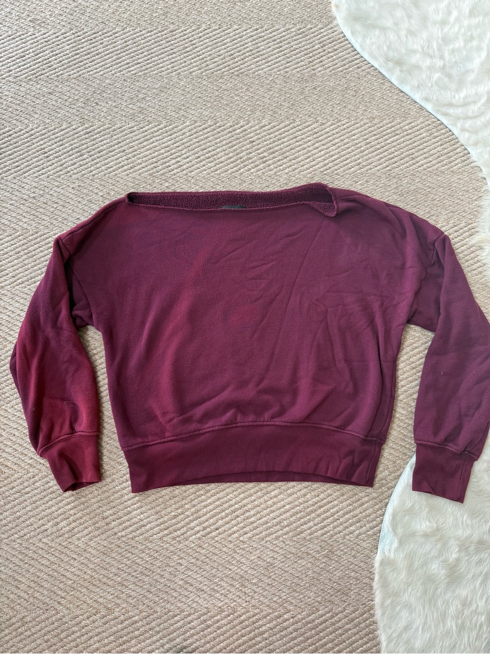 Carbon38 Off-Shoulder Knit Distressed Sweatshirt in Burgundy